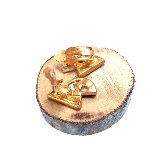 Vintage Modern Design Earrings, 1970s retro Clip On ,  Tow Tone Gold plated, - Picture 3 of 9